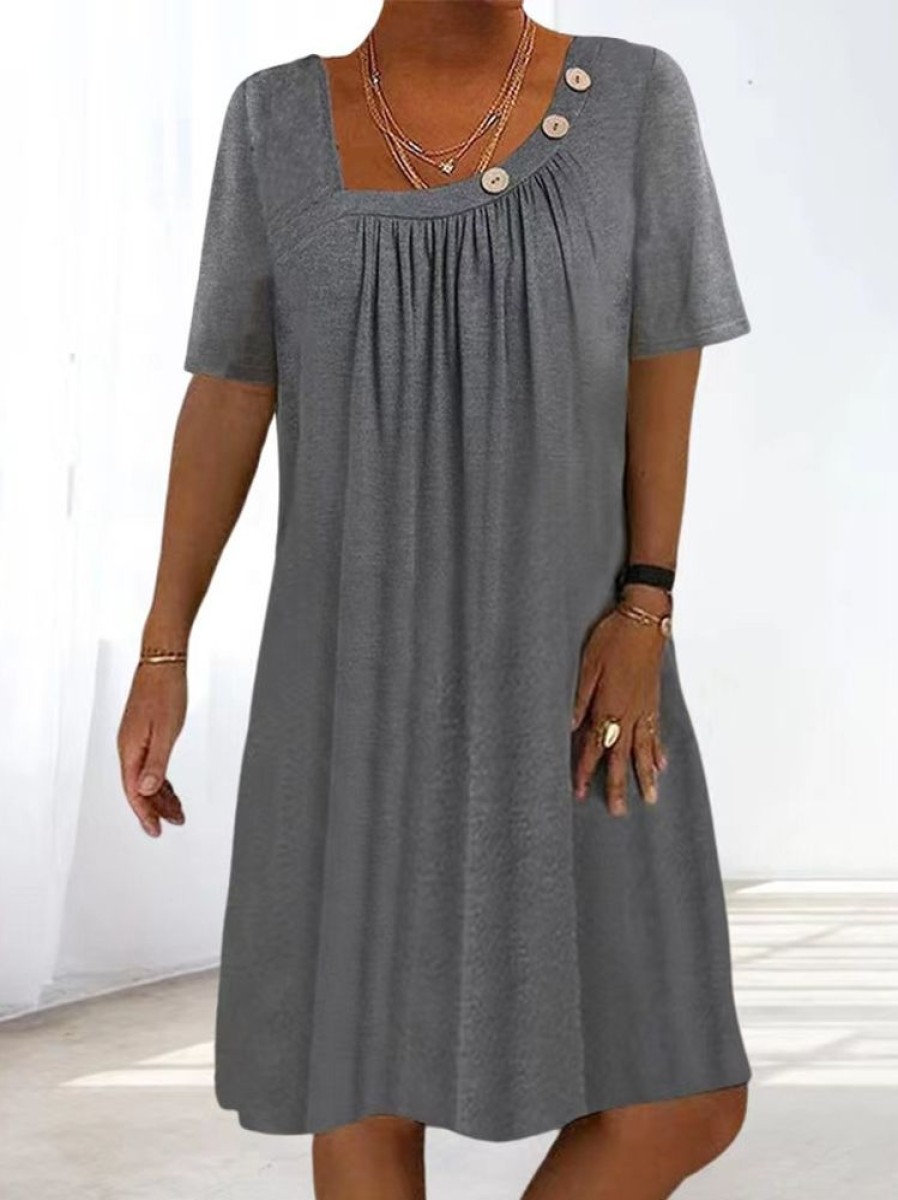 Dresses zolucky | Asymmetrical Casual Cotton Buckle Dress Gray