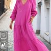 Dresses zolucky | Cotton And Linen Casual Plain Dress Rose Red