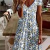 Dresses zolucky | Regular Fit Floral Casual V Neck Dress Blue