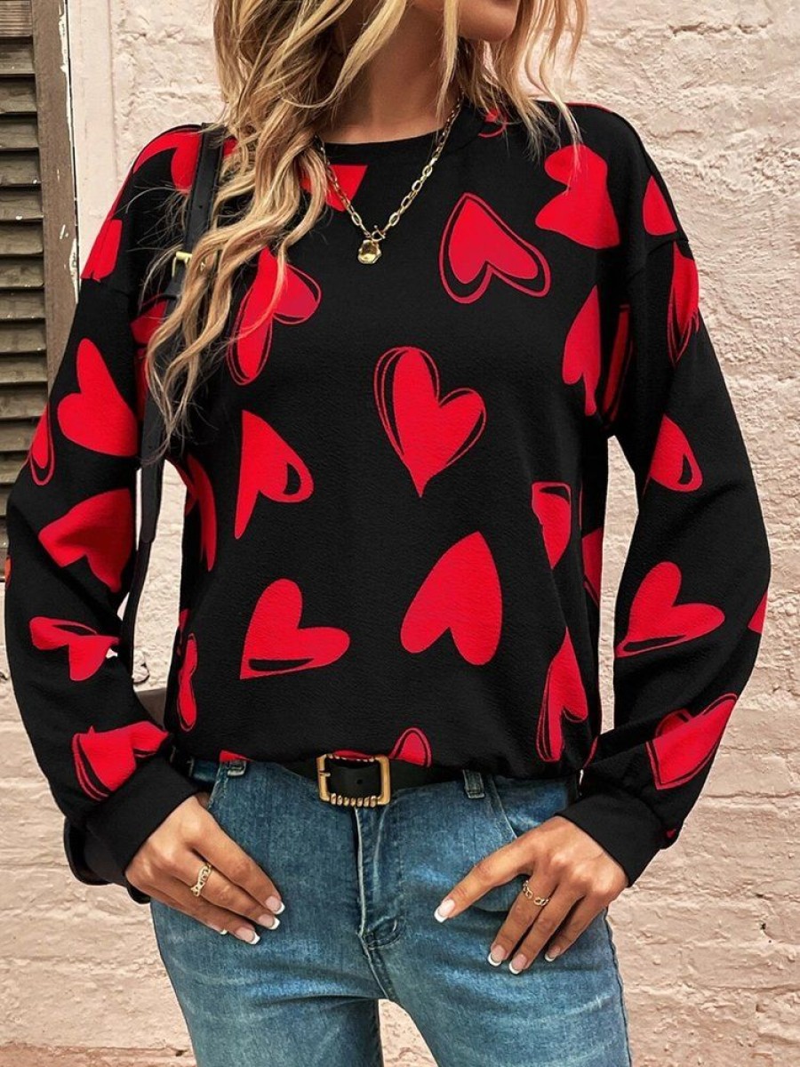 Topshot zolucky | Valentine'S Day Casual Heart/Cordate Loose Jersey Crew Neck Long Sleeve Sweatshirt Black