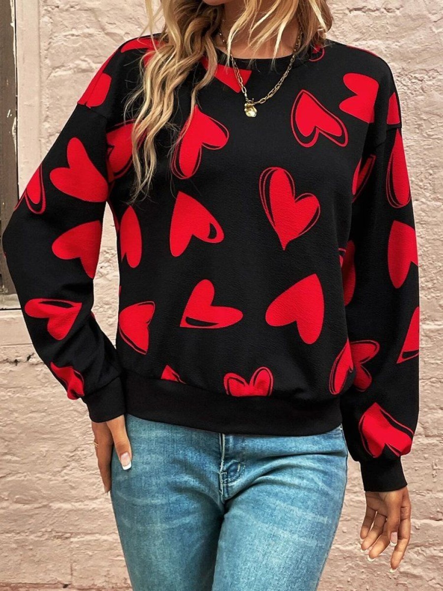 Topshot zolucky | Valentine'S Day Casual Heart/Cordate Loose Jersey Crew Neck Long Sleeve Sweatshirt Black