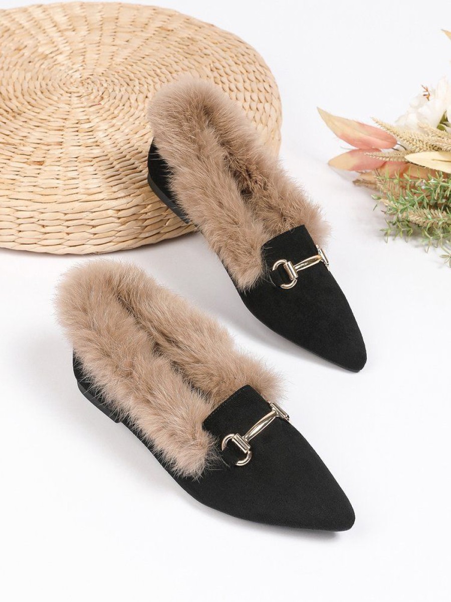 Shoes zolucky | Women Metal Decor Warm Furry Commuting Smoking Shoes Black