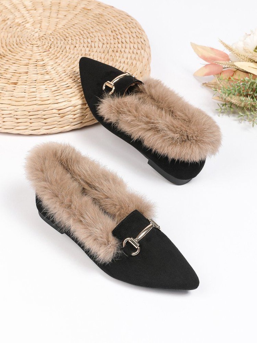 Shoes zolucky | Women Metal Decor Warm Furry Commuting Smoking Shoes Black