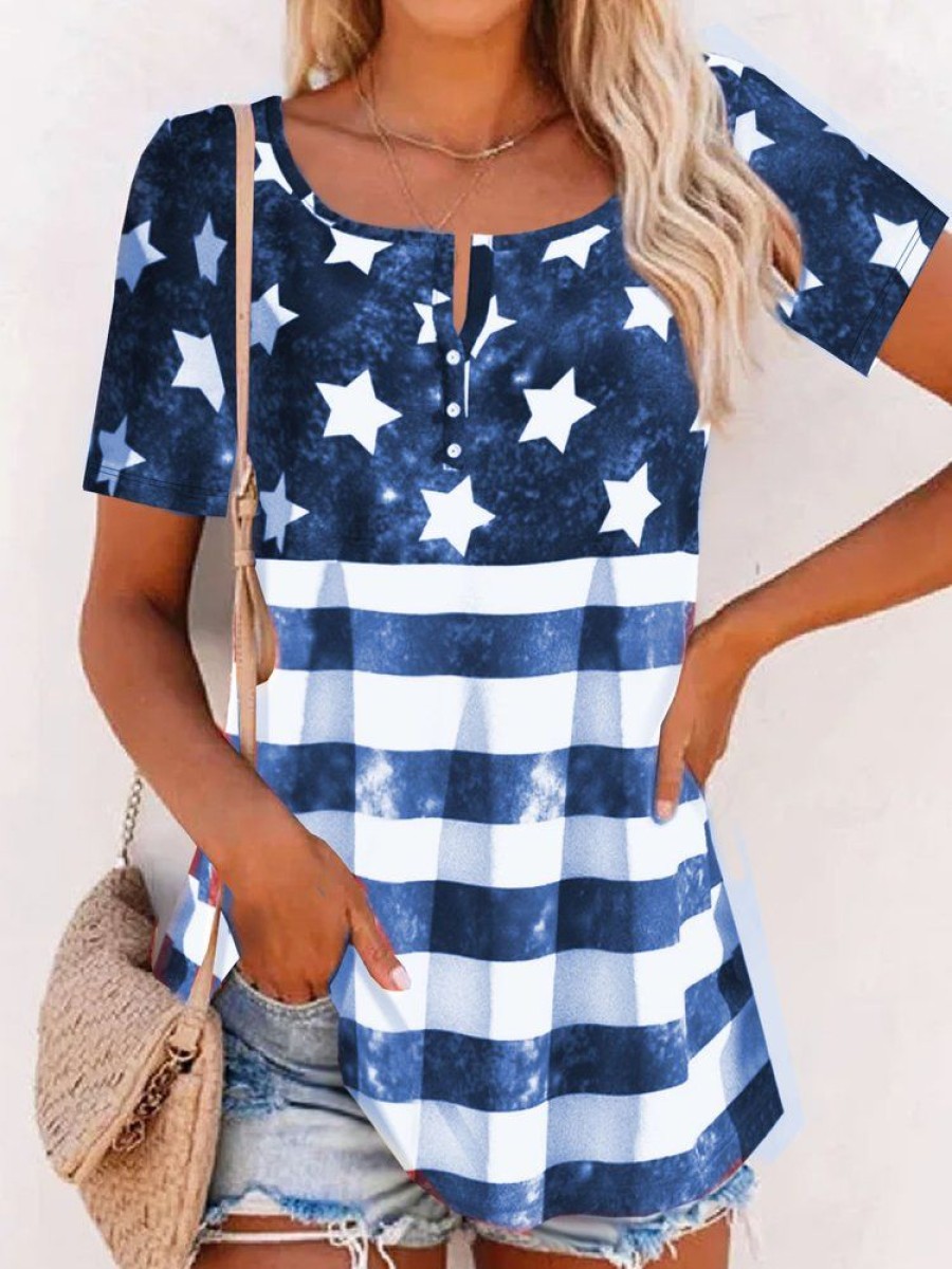 Topshot zolucky | America Flag Striped Printed Buckle Casual Jersey Tunic Independence Day T-Shirt