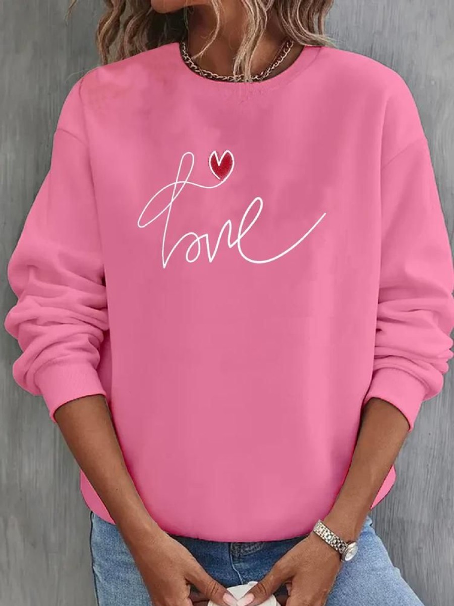 Topshot zolucky | Daily Casual Love Letters Valentine'S Day Crew Neck H-Line Long Sleeve Sweatshirt Pink