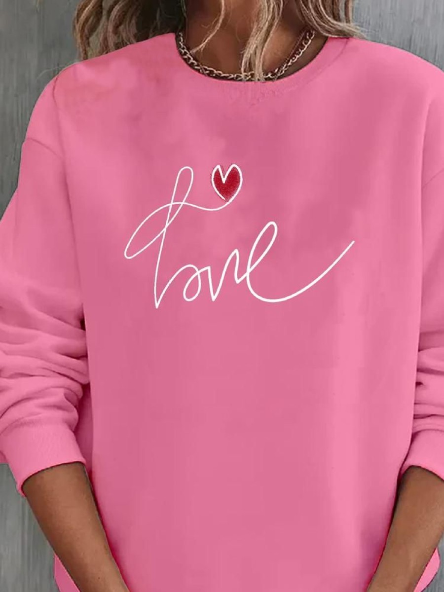 Topshot zolucky | Daily Casual Love Letters Valentine'S Day Crew Neck H-Line Long Sleeve Sweatshirt Pink