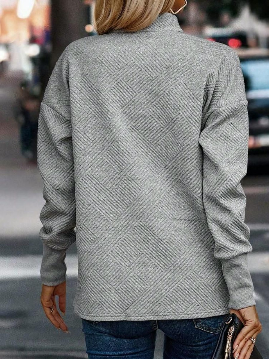 Topshot zolucky | Casual Plain Button Stand Collar H-Line Long Sleeve Sweatshirt Light Gray