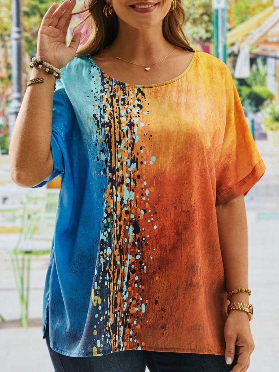 Plus&Curve zolucky | Plus Size Loose Crew Neck Linen Abstract Shirt Orange