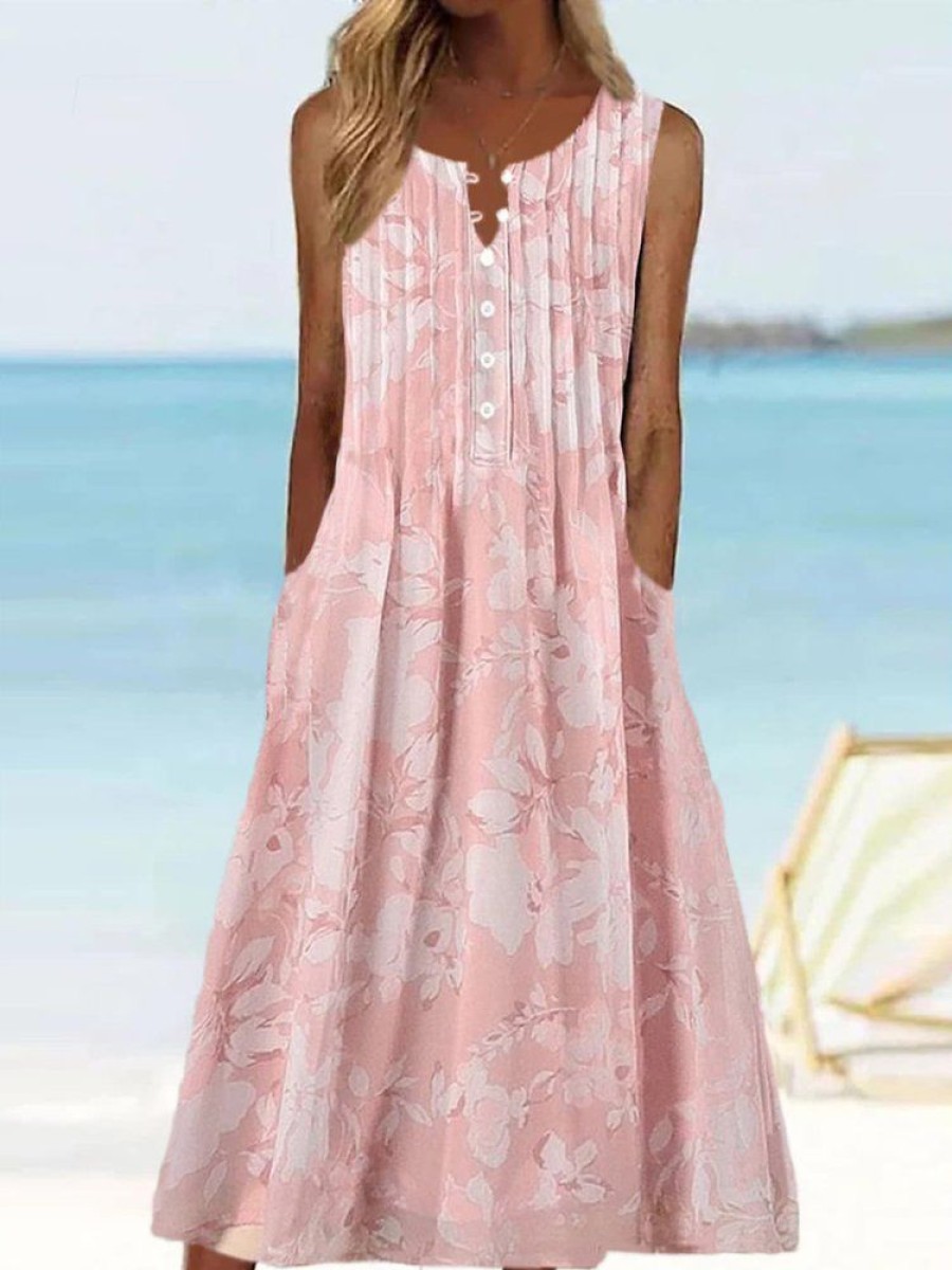 Dresses zolucky | V Neck Buttoned Floral Vacation Dress Pink