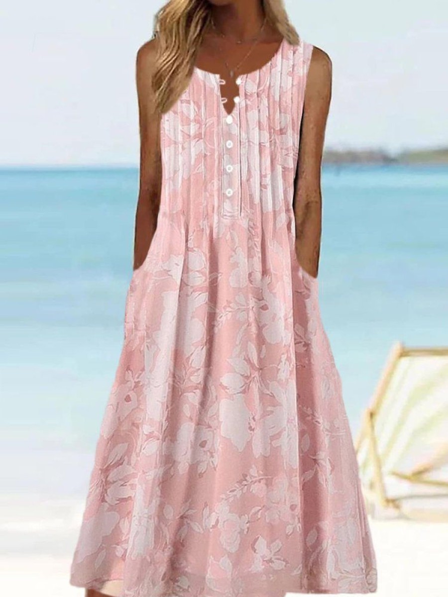 Dresses zolucky | V Neck Buttoned Floral Vacation Dress Pink