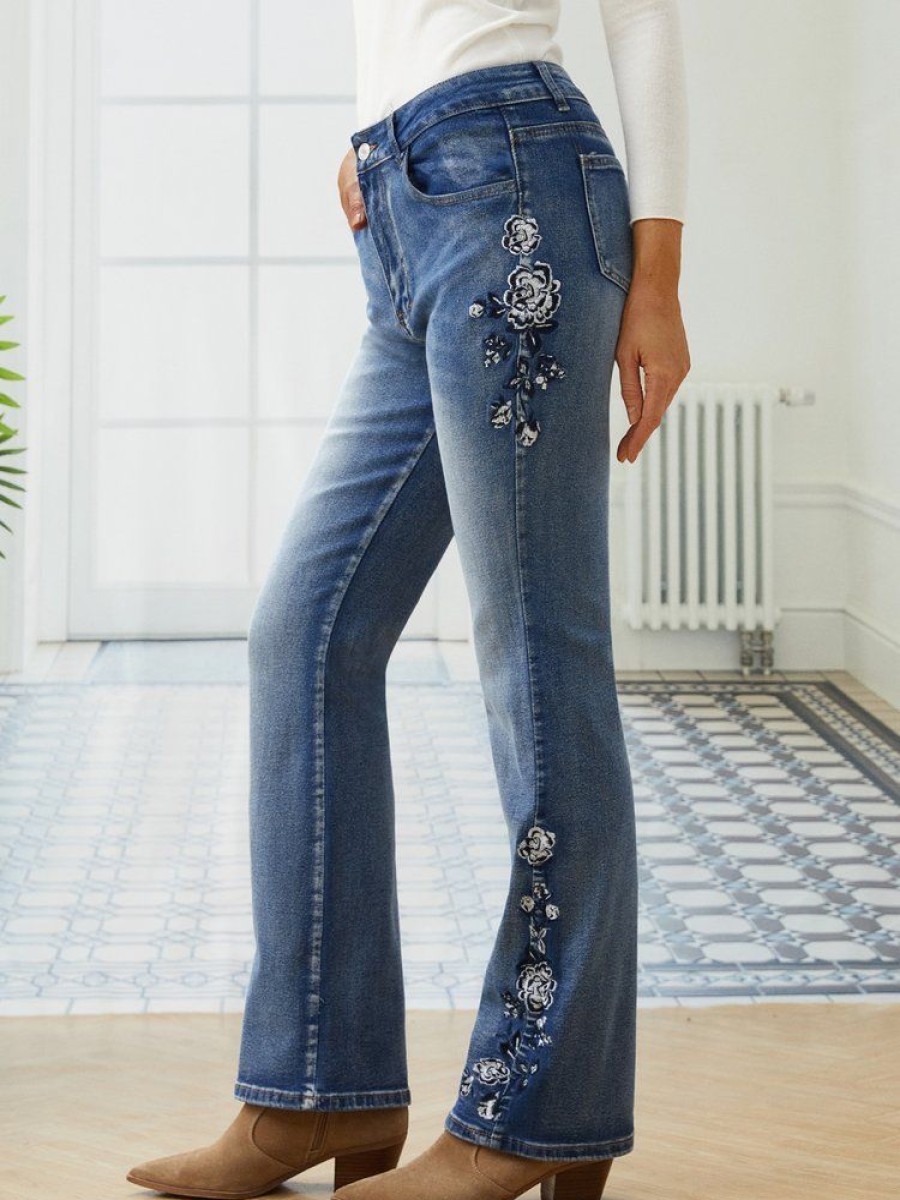 Bottoms zolucky | Casual Embroidered Floral Denim Jeans Denim Blue