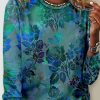 Plus&Curve zolucky | Plus Size Vintage Floral Daily Loose Crew Neck Casual H-Line Jersey Long Sleeve T-Shirt Green