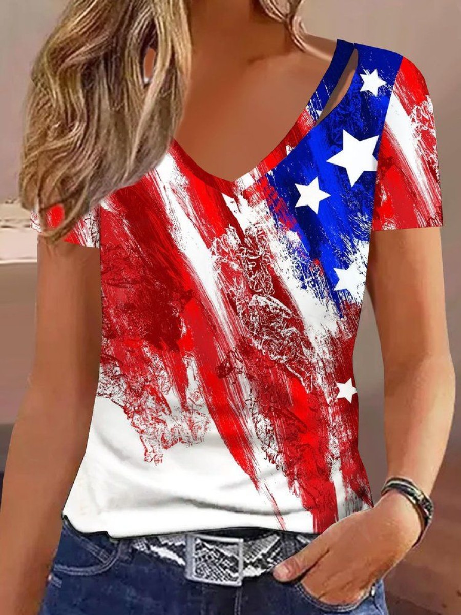 Topshot zolucky | America Flag Casual V Neck Independence Day Shirt Red-Blue