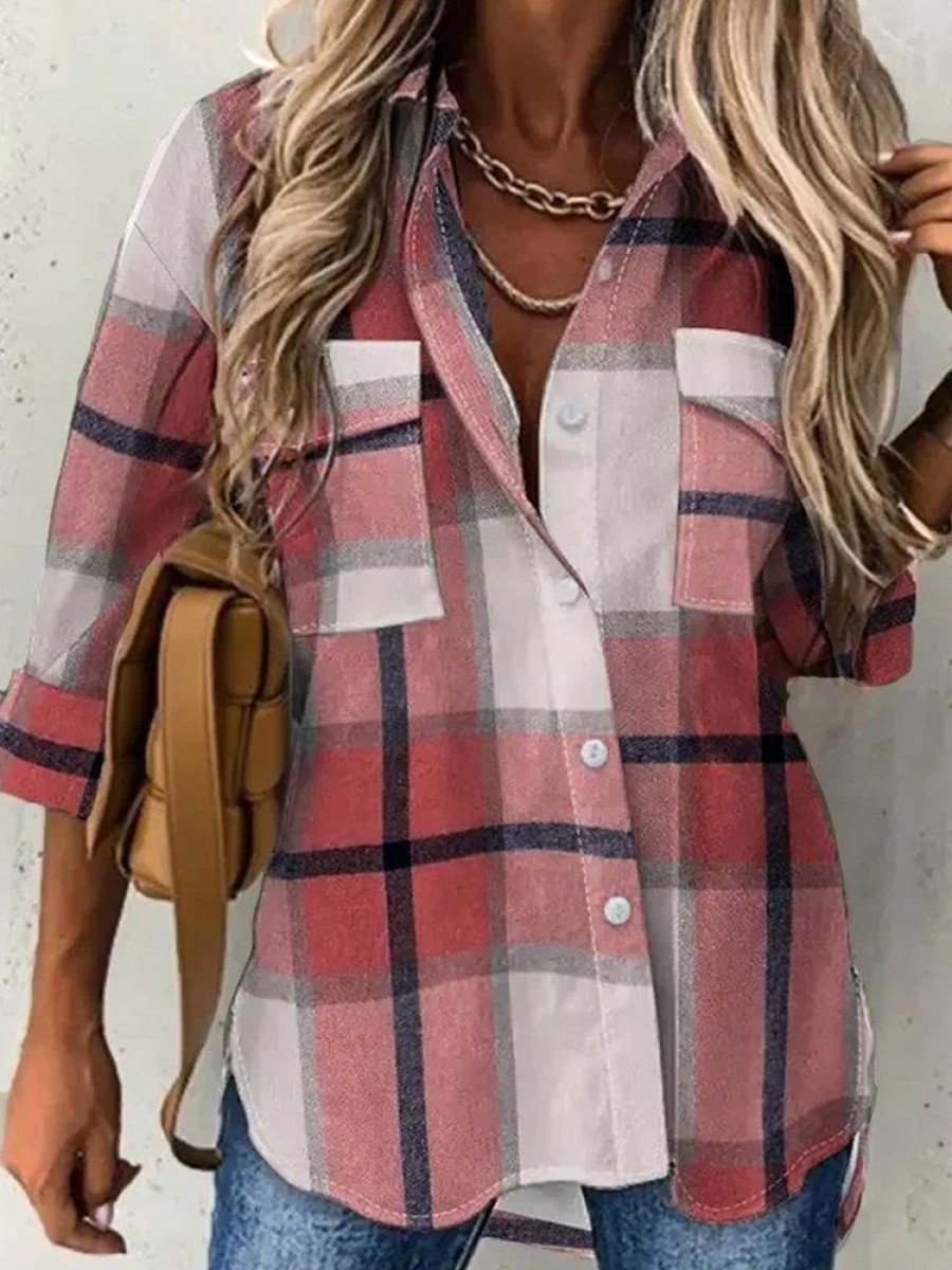 Plus&Curve zolucky | Plus Size Casual Plaid Loose Shirt Collar Blouse Pink