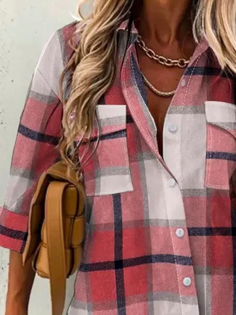 Plus&Curve zolucky | Plus Size Casual Plaid Loose Shirt Collar Blouse Pink