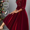 Dresses zolucky | Velvet Heavyweight Loose Daily Casual Plain Christmas Holiday A-Line Long Sleeve Maxi Dress Wine Red