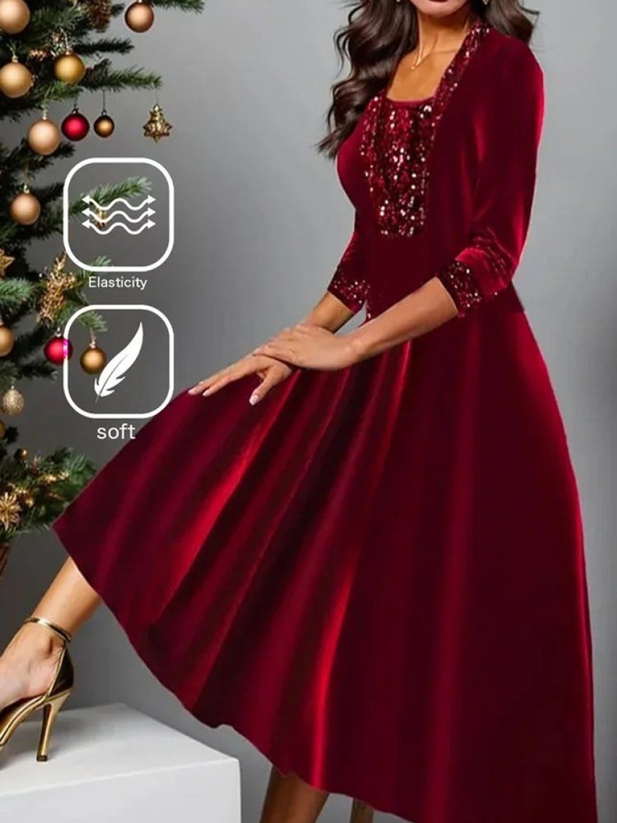 Dresses zolucky | Velvet Heavyweight Loose Daily Casual Plain Christmas Holiday A-Line Long Sleeve Maxi Dress Wine Red