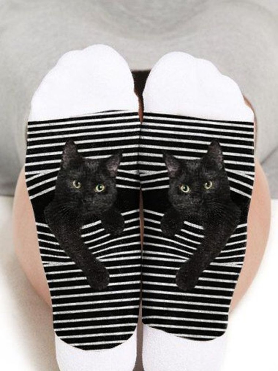 Accessories zolucky | Halloween Cotton Striped Cat Printed Socks Plus Size White