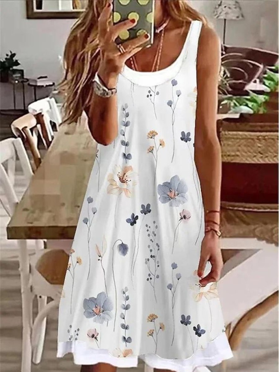 Dresses zolucky | Casual Floral Loose Crew Neck Dress White