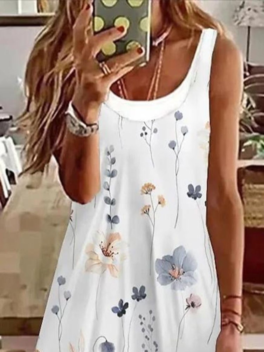 Dresses zolucky | Casual Floral Loose Crew Neck Dress White