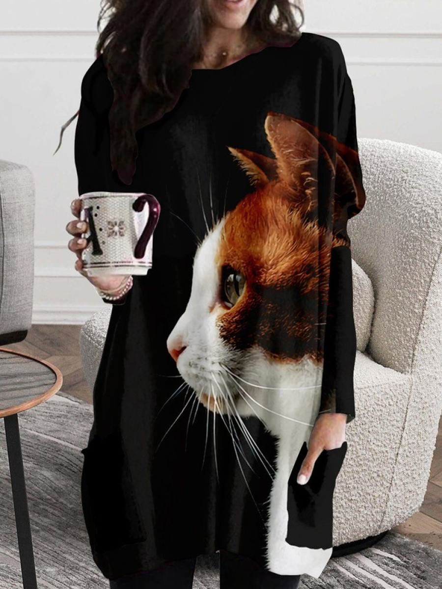 Dresses zolucky | Casual Cat Crew Neck Loose Dress