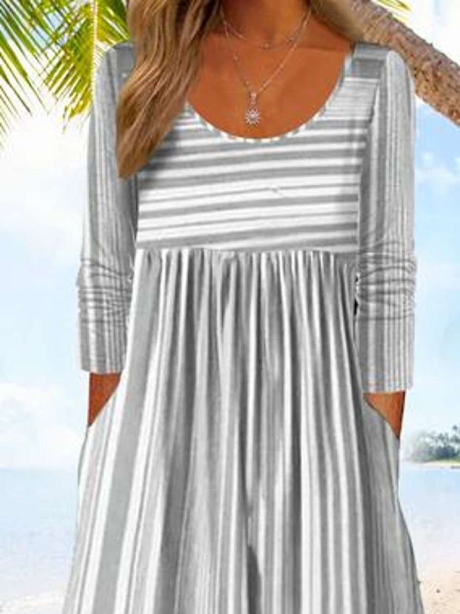 Dresses zolucky | Jersey Striped Casual Crew Neck Dress Light Gray