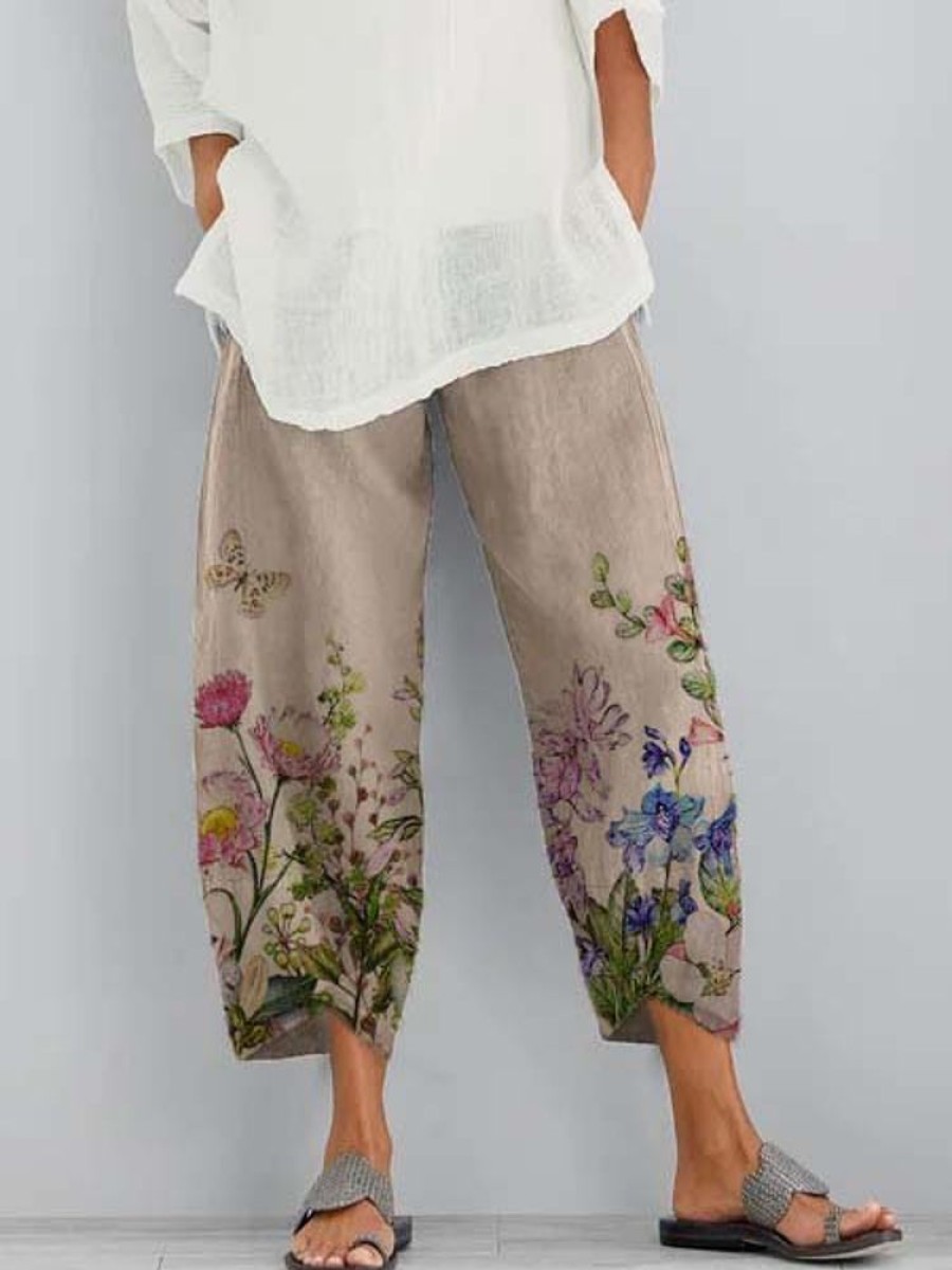 Bottoms zolucky | Women Summer Floral-Print Casual Bottoms Khaki