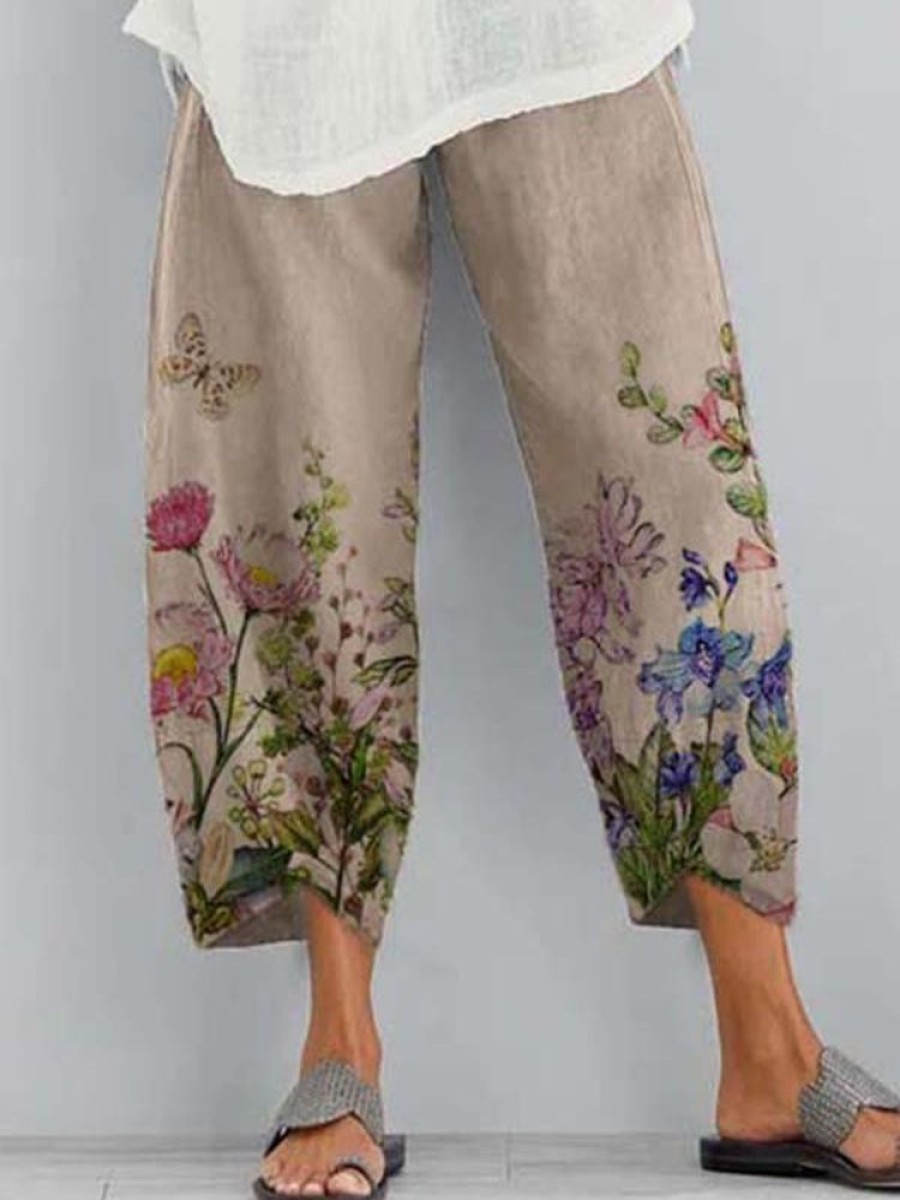 Bottoms zolucky | Women Summer Floral-Print Casual Bottoms Khaki