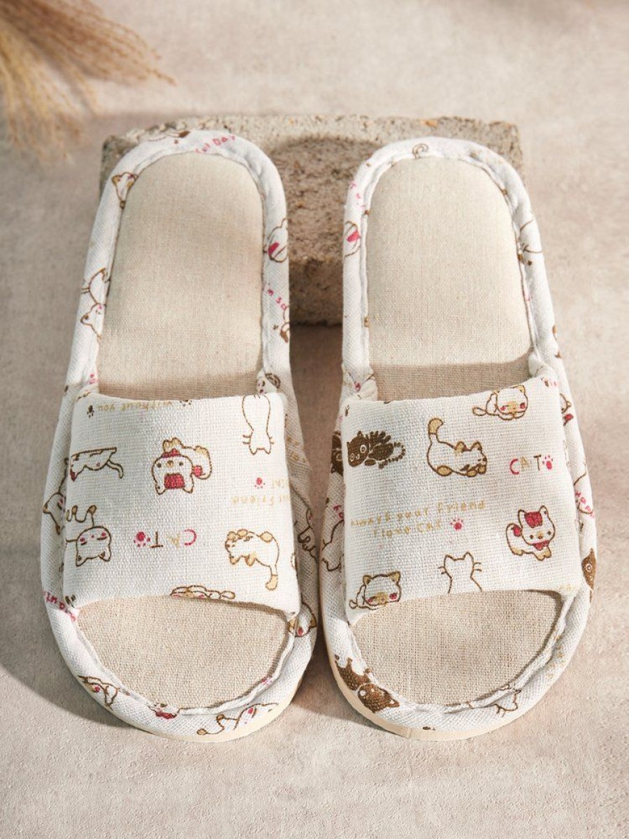 Shoes zolucky | Rose Cat Alphabet Sailboat Print Indoor Non-Slip Linen Slippers