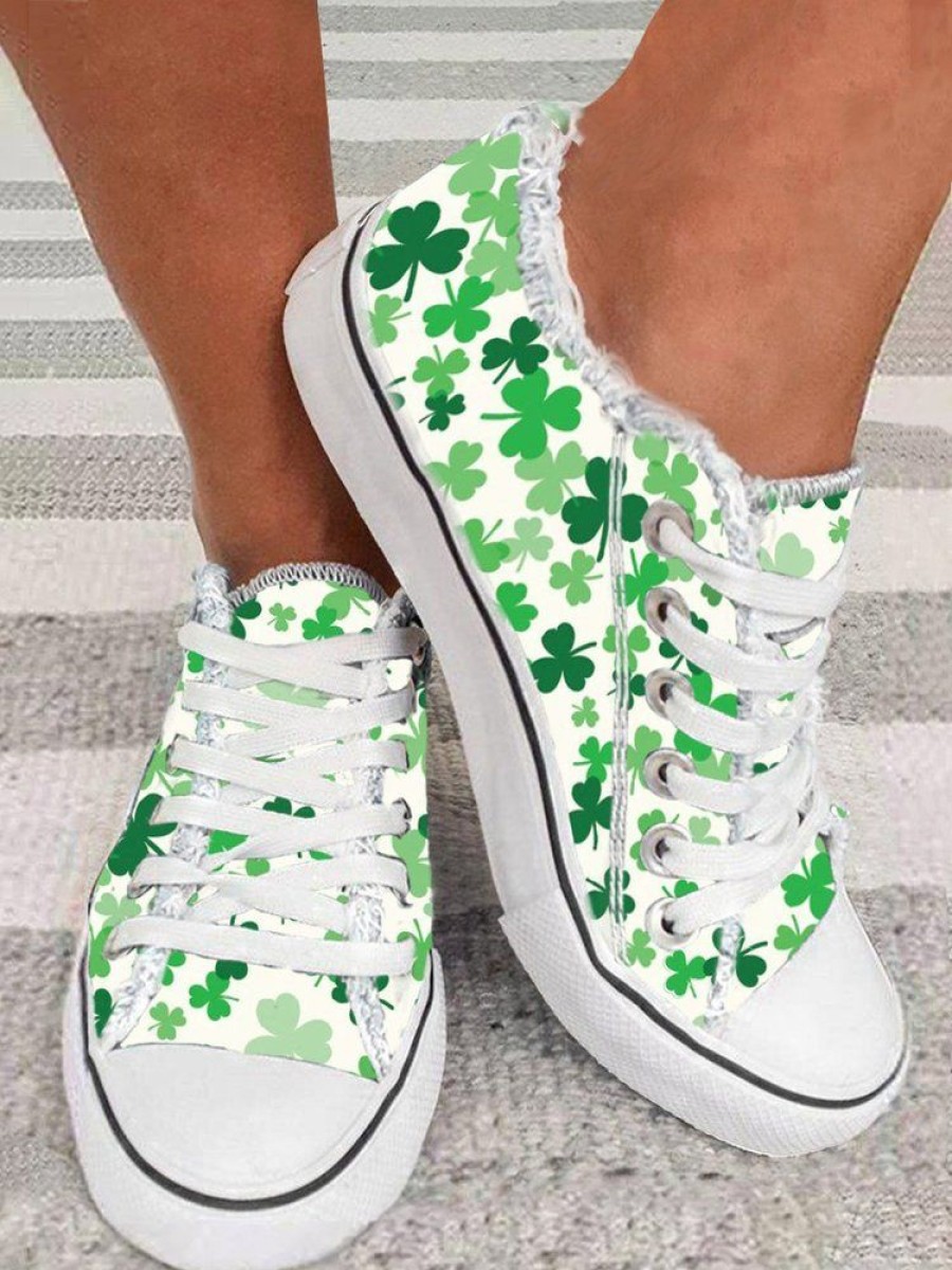 Shoes zolucky | St. Patrick'S Day Women'S Casual Shamrock Printing Lace-Up Canvas Shoes Green