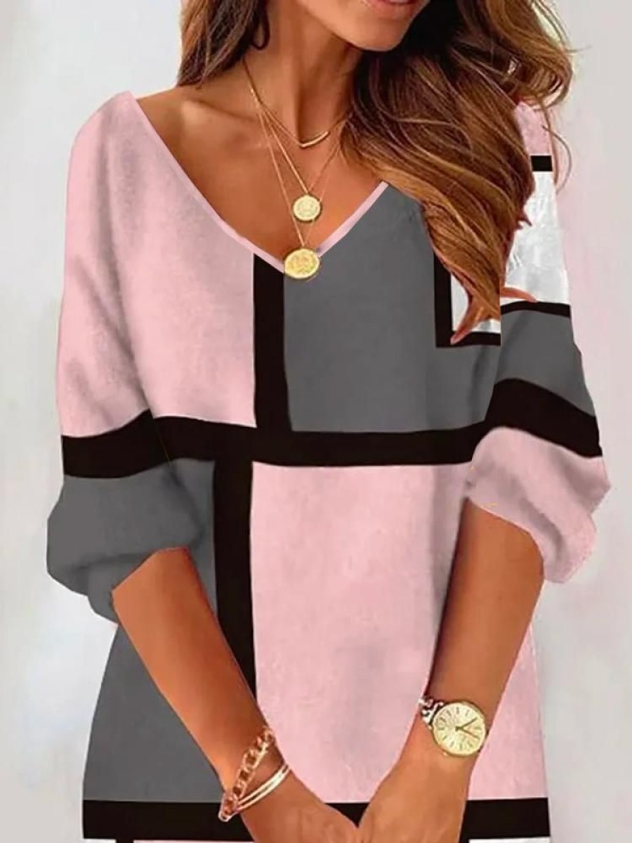 Plus&Curve zolucky | Plus Size Colorblock Jersey Loose Casual V Neck H-Line Long Sleeve T-Shirt Dress Pink