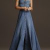 Dresses zolucky | Vintage Plain Square Neck Button Denim Maxi Cami Dress Blue