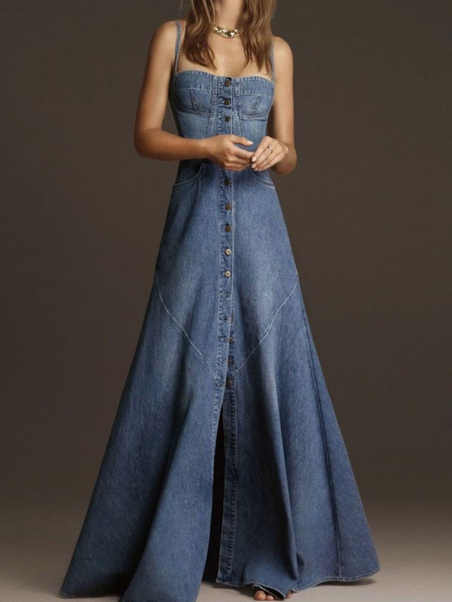 Dresses zolucky | Vintage Plain Square Neck Button Denim Maxi Cami Dress Blue