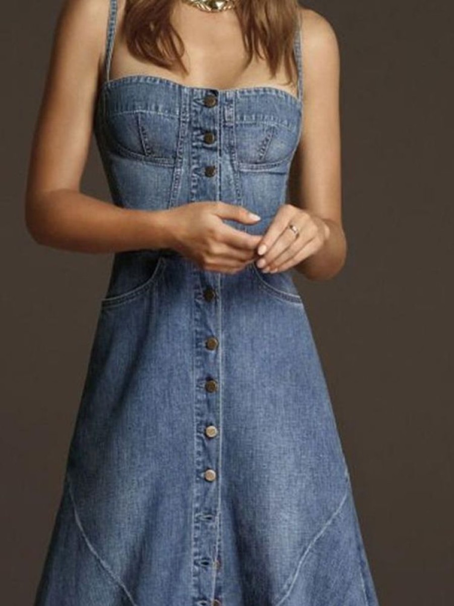 Dresses zolucky | Vintage Plain Square Neck Button Denim Maxi Cami Dress Blue