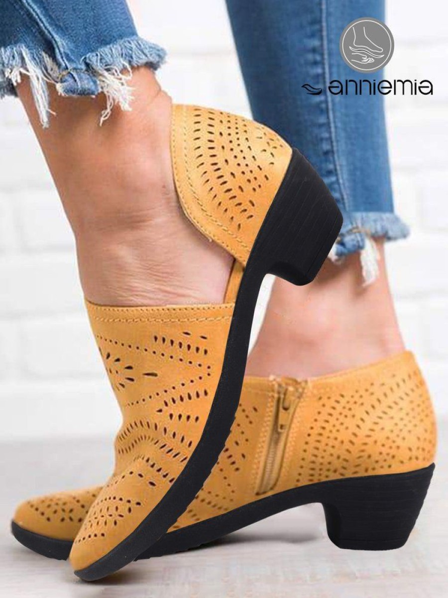 Shoes zolucky | Laser Cutout Comfortable Breathable Chunky Heel Ankle Boots Yellow