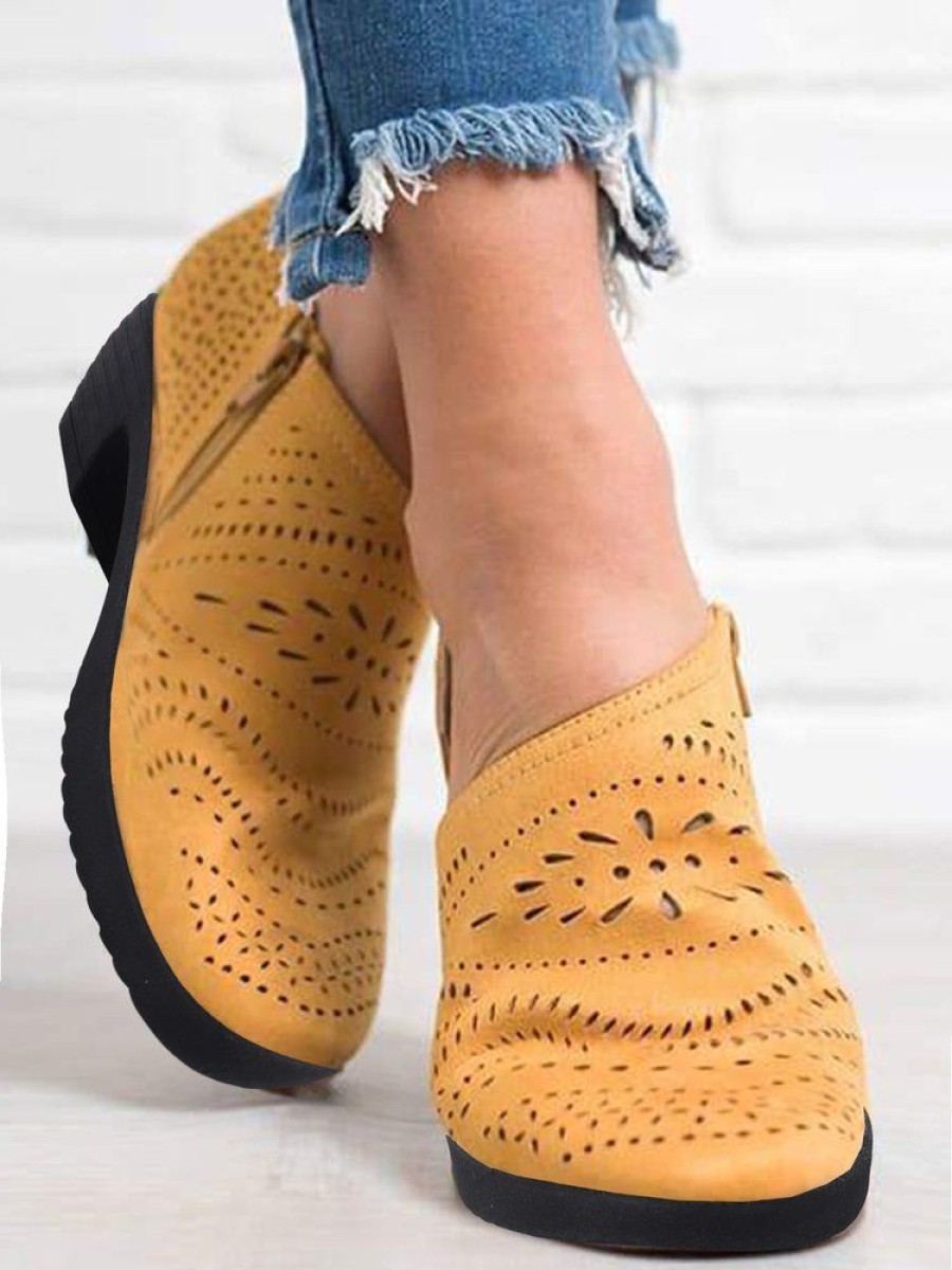 Shoes zolucky | Laser Cutout Comfortable Breathable Chunky Heel Ankle Boots Yellow