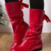 Shoes zolucky | Christmas Eyelet Tied Detail Low Heel Ruched Mid-Calf Boots