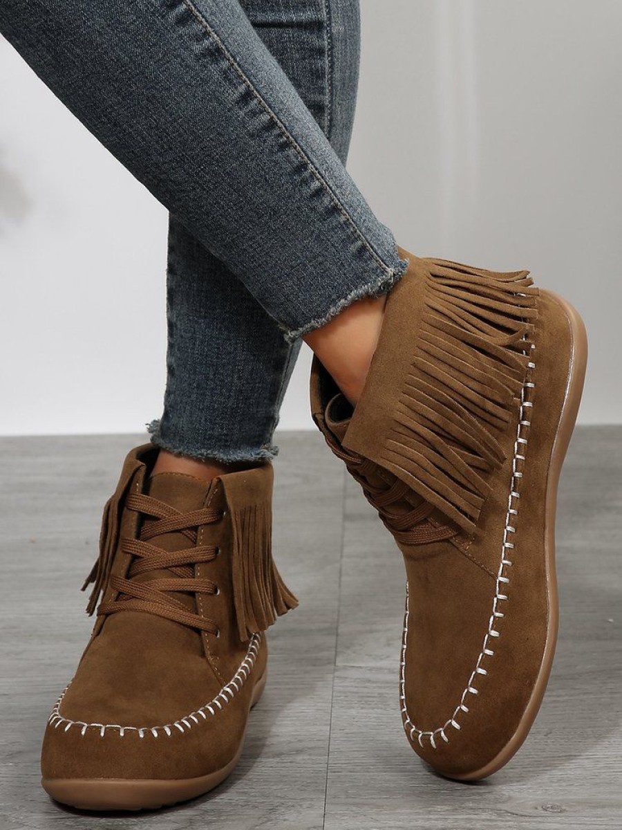 Shoes zolucky | Vintage Fringe Lace-Up Moccasin Boots