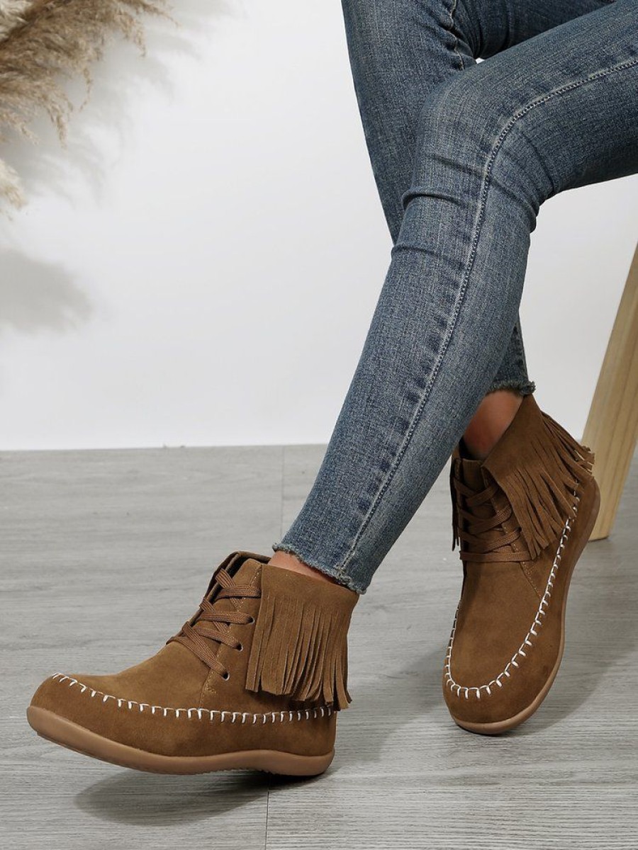 Shoes zolucky | Vintage Fringe Lace-Up Moccasin Boots