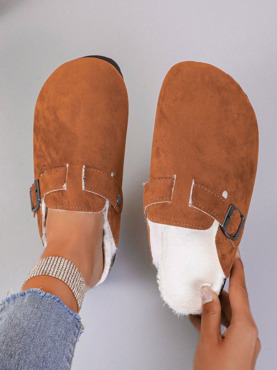 Shoes zolucky | Casual Buckle Decor Plush Lined Footbed Mules