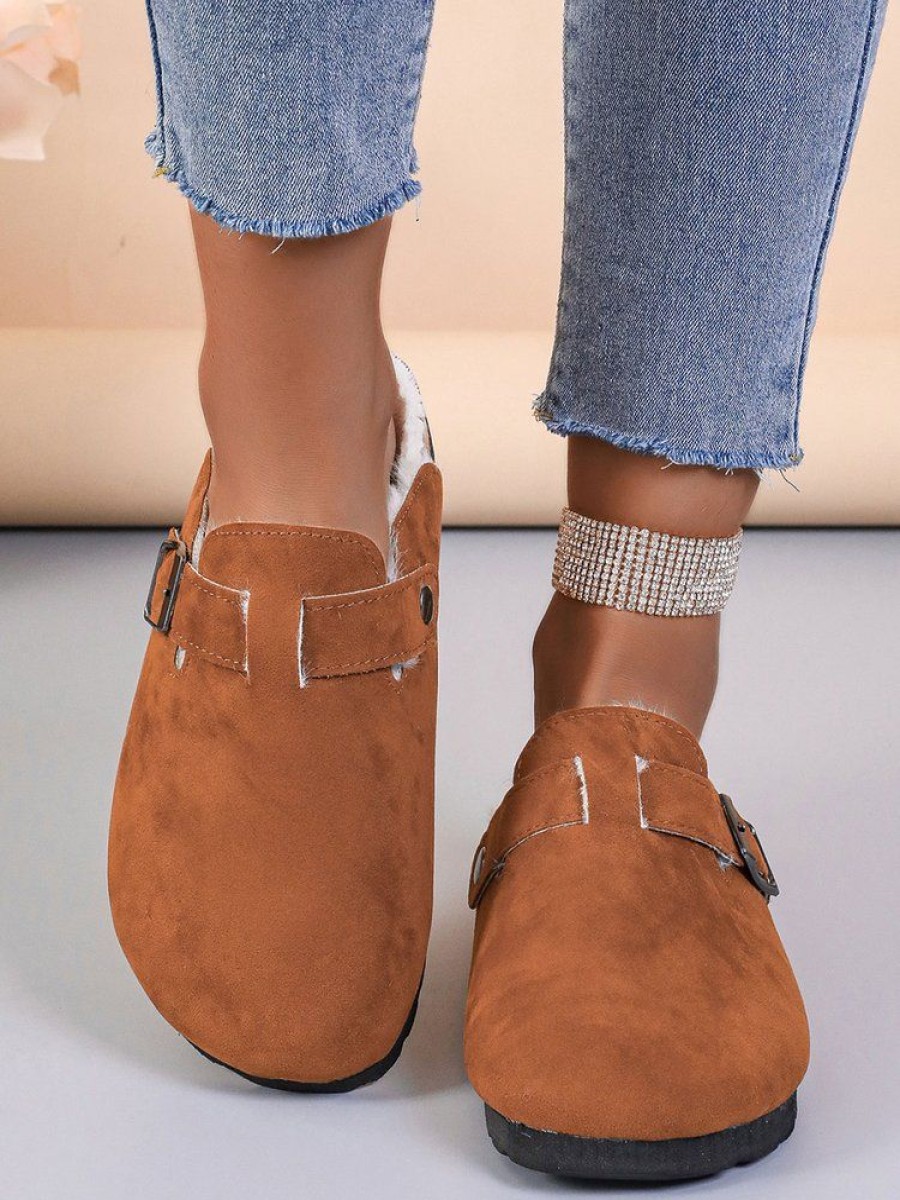 Shoes zolucky | Casual Buckle Decor Plush Lined Footbed Mules