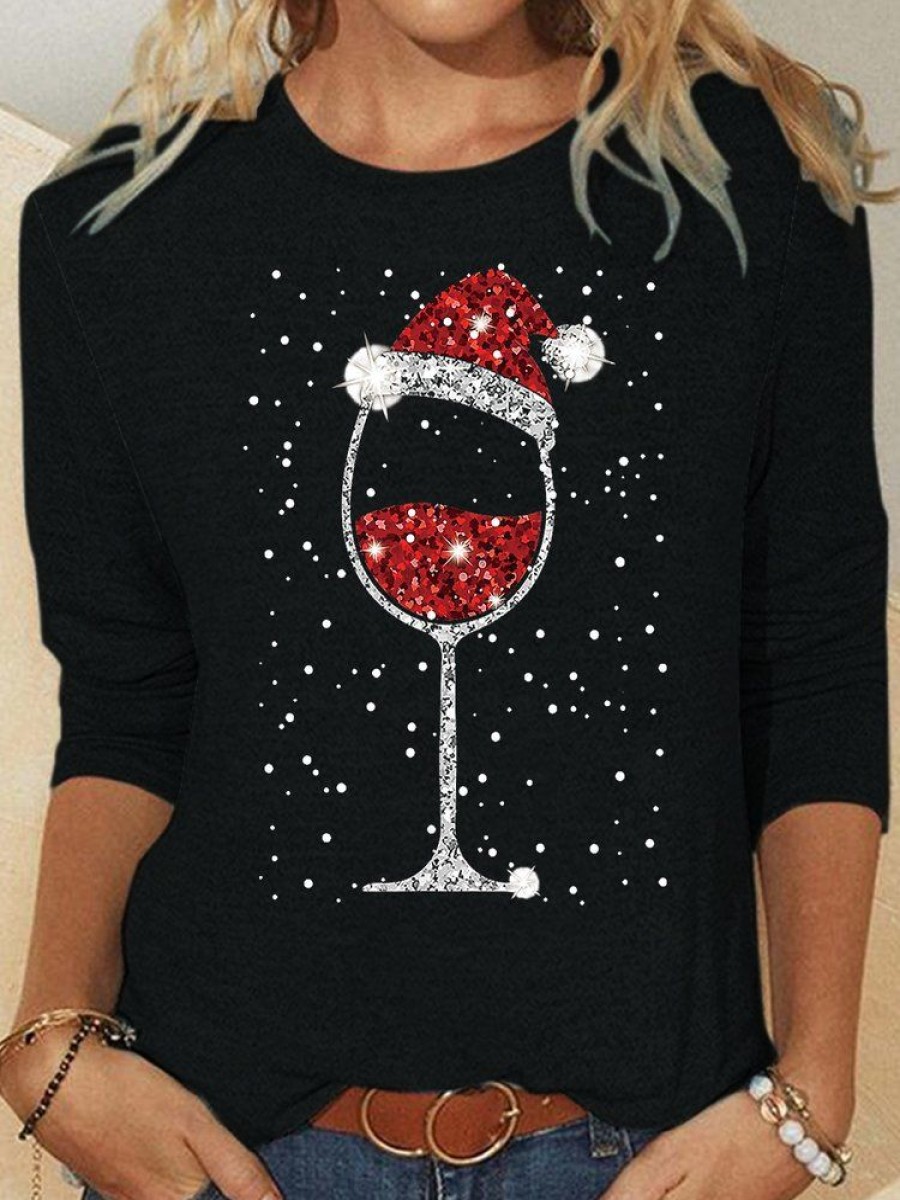 Topshot zolucky | Womens Glass Of Red Wine Christmas Wine Drinking Santa Crew Neck Casual Top