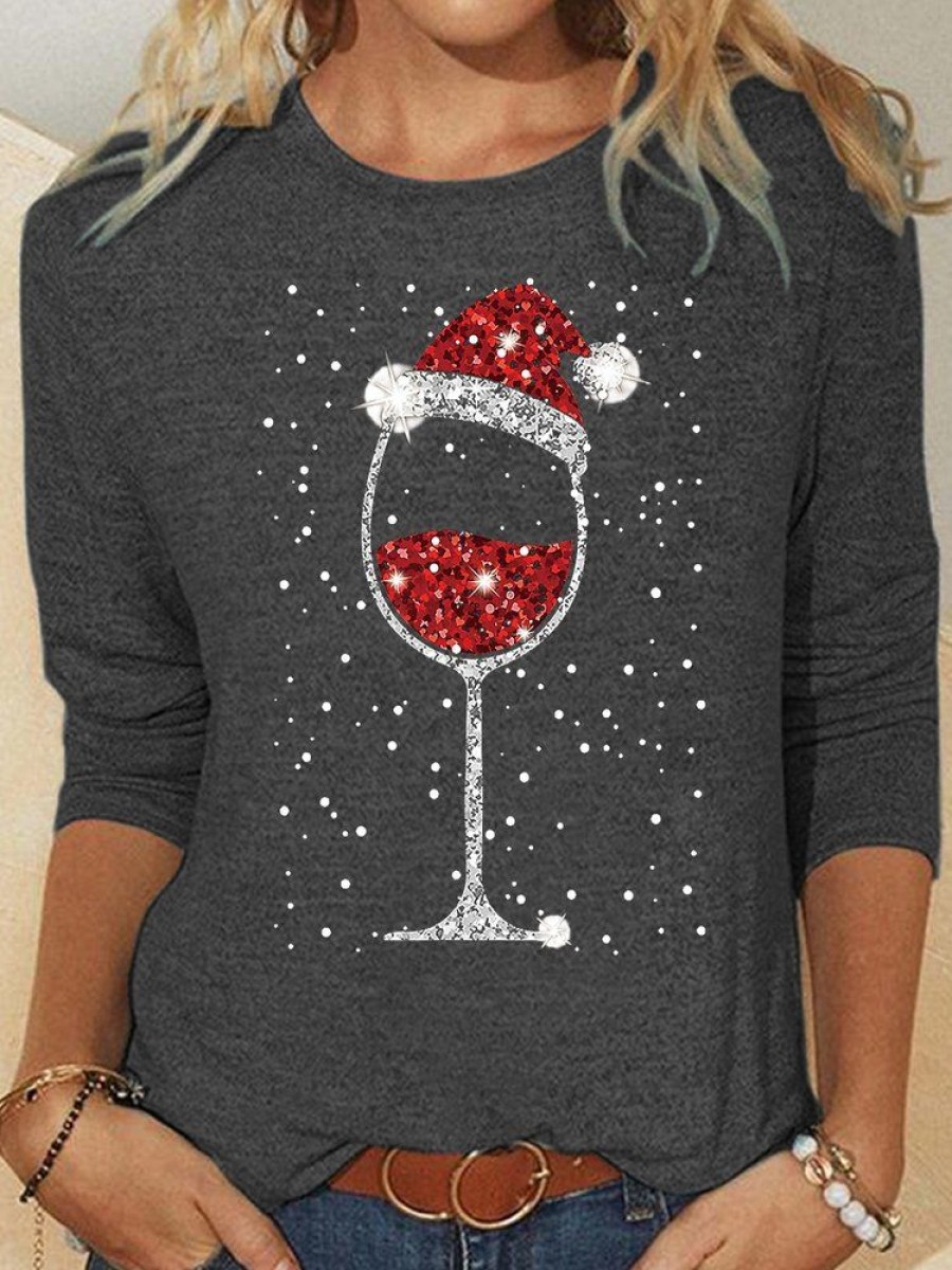 Topshot zolucky | Womens Glass Of Red Wine Christmas Wine Drinking Santa Crew Neck Casual Top