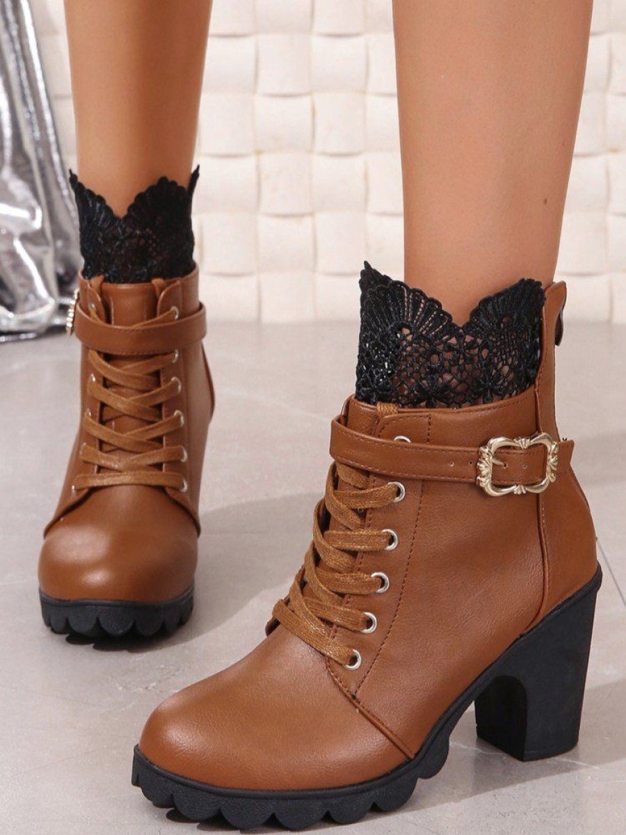 Shoes zolucky | Vintage Lace Paneled Chunky Heel Boots