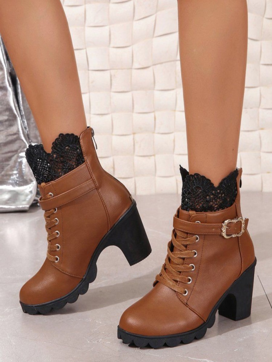 Shoes zolucky | Vintage Lace Paneled Chunky Heel Boots