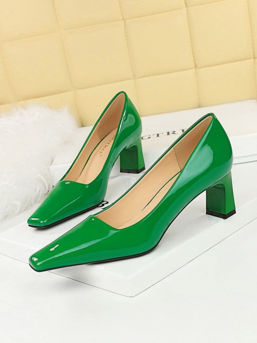 Shoes zolucky | Women Minimalist Chunky Heel Patent Leather Shallow Pumps