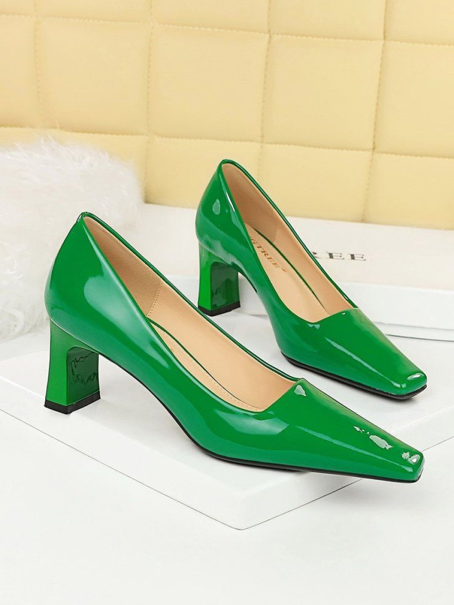 Shoes zolucky | Women Minimalist Chunky Heel Patent Leather Shallow Pumps