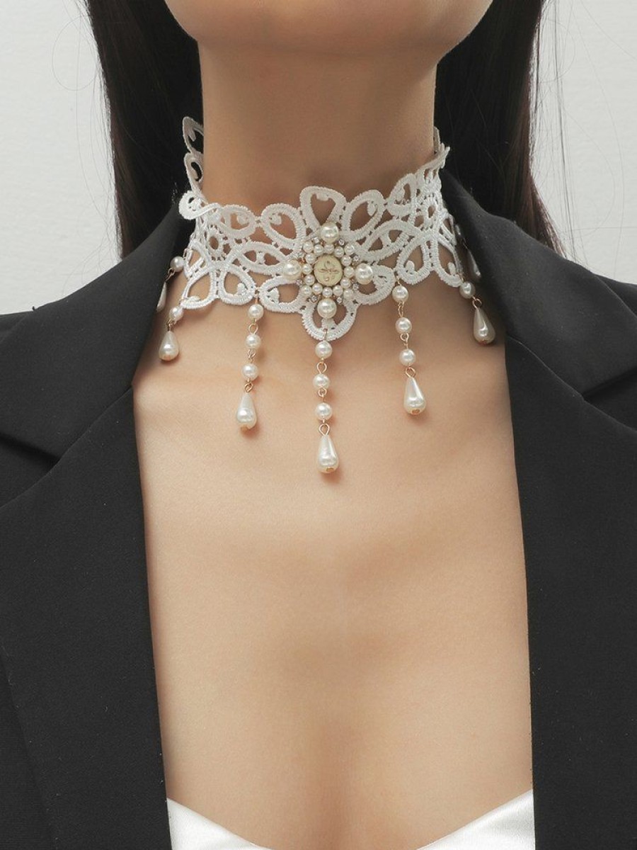 Accessories zolucky | Elegant Floral Imitation Pearl Fringe Lace Choker Necklace Jewelry White