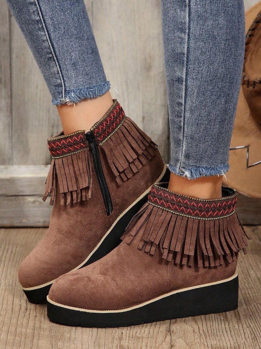 Shoes zolucky | Retro Fringe Side Zipper Wedge Heel Short Boots