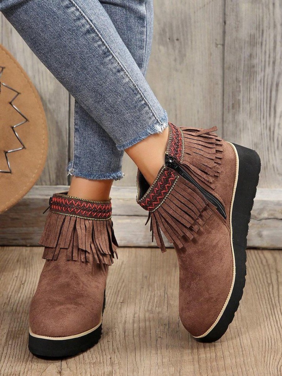 Shoes zolucky | Retro Fringe Side Zipper Wedge Heel Short Boots